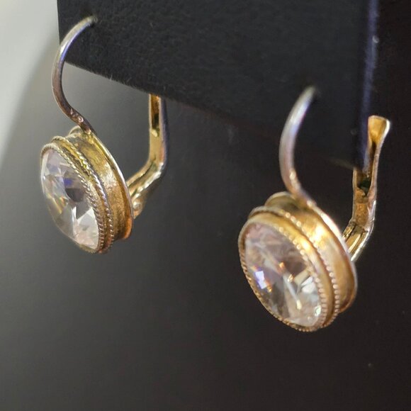 Gold-Tone 925 Sterling Silver Oval Crystal Dangle Earrings Lever back - Picture 7 of 11